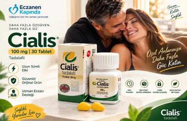 Cialis 100 mg 30 lu tablet ürünü hakkında tanıtım banneri ürün ve çift görseli