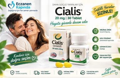 Cialis 20 mg 30 tablet ürünü hakkında bilgiler veren kutu ve tablet görseli olan mutlu bir çift görseliyle desteklenen banner