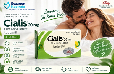 Cialis 20 mg 4 tablet ürünü hakkında kısa bilgi veren ürün fotoğrafı ve bir çift resmi olan tanıtım görseli