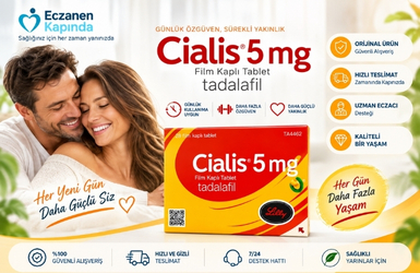 Cialis 5 mg 28 tablet ürünü hakkında tanıtıcı banner kutu ve çift görseli