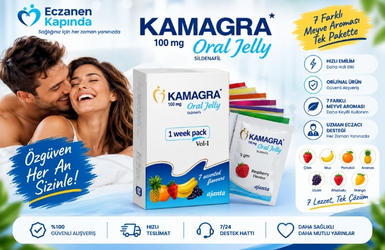 Kamagra jel 7'li paket ürünü hakkında bilgi veren ürün kutusu ve kadın erkek görseli barındıran tanırım banneri