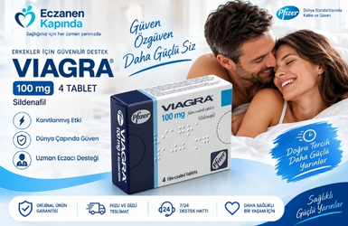 Viagra 4'lü tablet ürünü hakkında bilgi veren içerik banneri kutu ve çift görseli