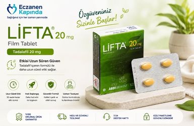 Lifta 20 mg 4 tablet ürünü hakkında bilgi veren, üzerinde ürün kutusu bulunan tanıtım bannerı
