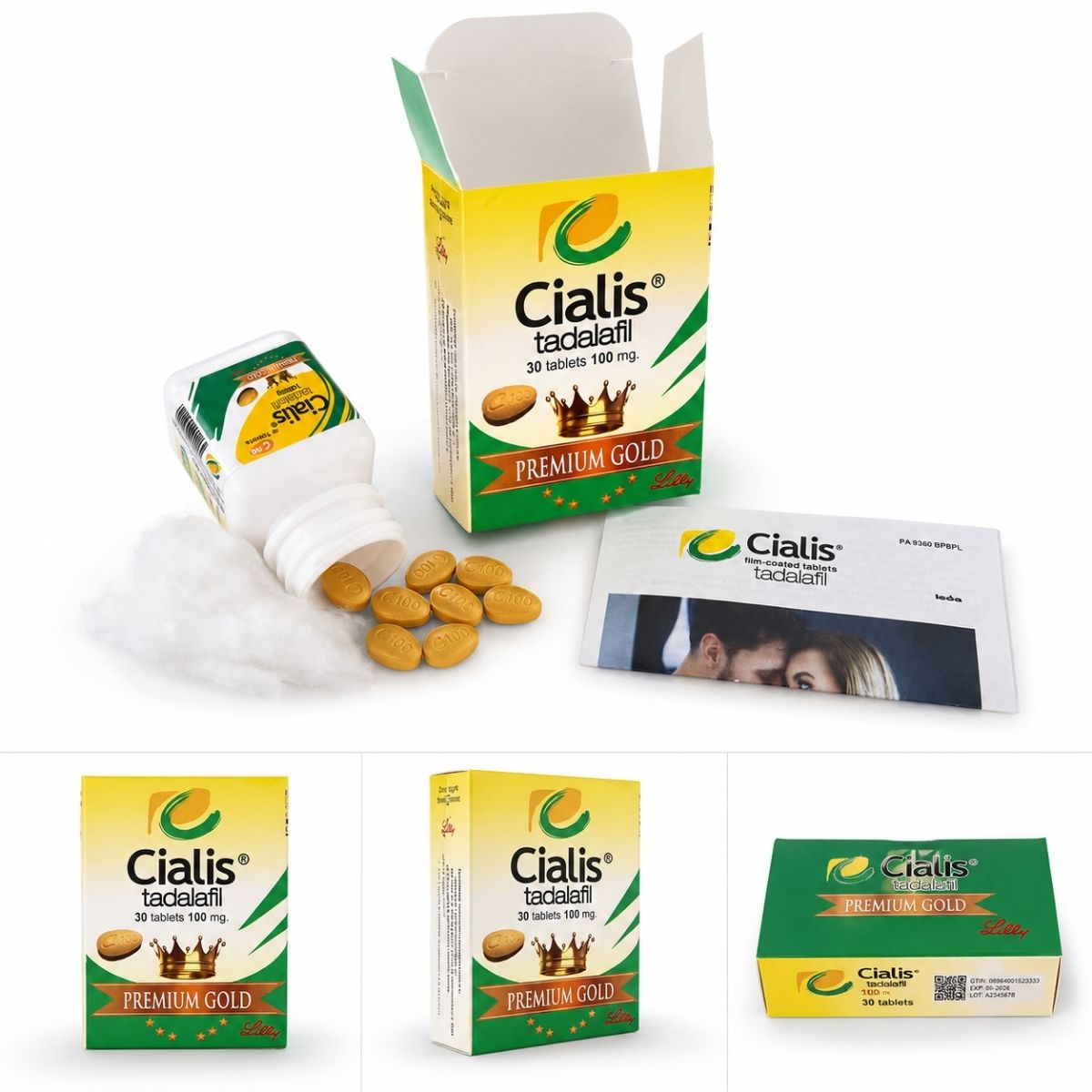 Cialis Tadalafil Premium Gold 100 mg 30 tablet kutusu, beyaz stüdyo arka planında profesyonel ürün çekimi, kutunun ön, yan ve üst görünümü ile tabletlerin detaylı görünümü.