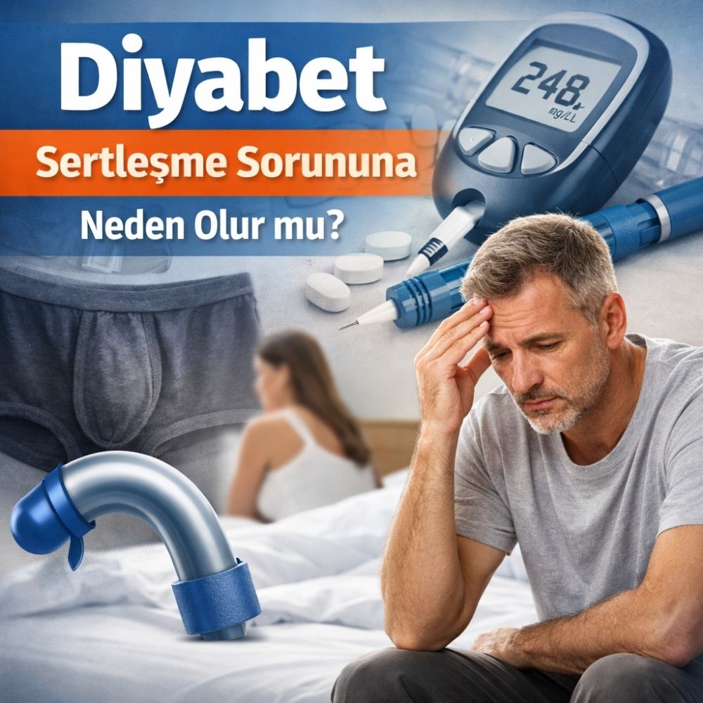 Diyabetin sertleşme sorununa etkisini anlatan, kan şekeri ölçüm cihazı ve endişeli erkek görseli içeren bilgilendirici banner