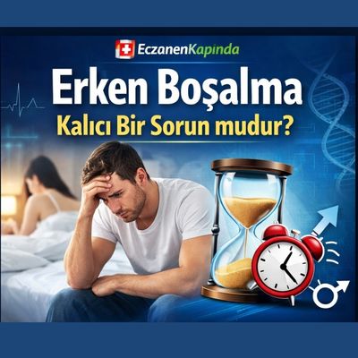 Erken boşalma sorunu yaşayan endişeli bir erkek ve arka planda saat ile kum saati görselleri bulunan, “Erken Boşalma Kalıcı Bir Sorun mudur?” başlıklı Eczanen Kapında blog banner görseli.