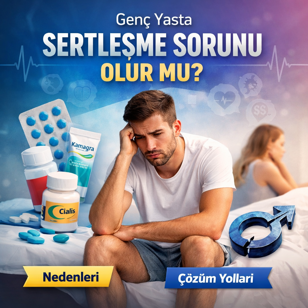 Genç erkeklerde sertleşme sorunu neden olur ve nasıl çözülür konulu bilgilendirici sağlık görseli