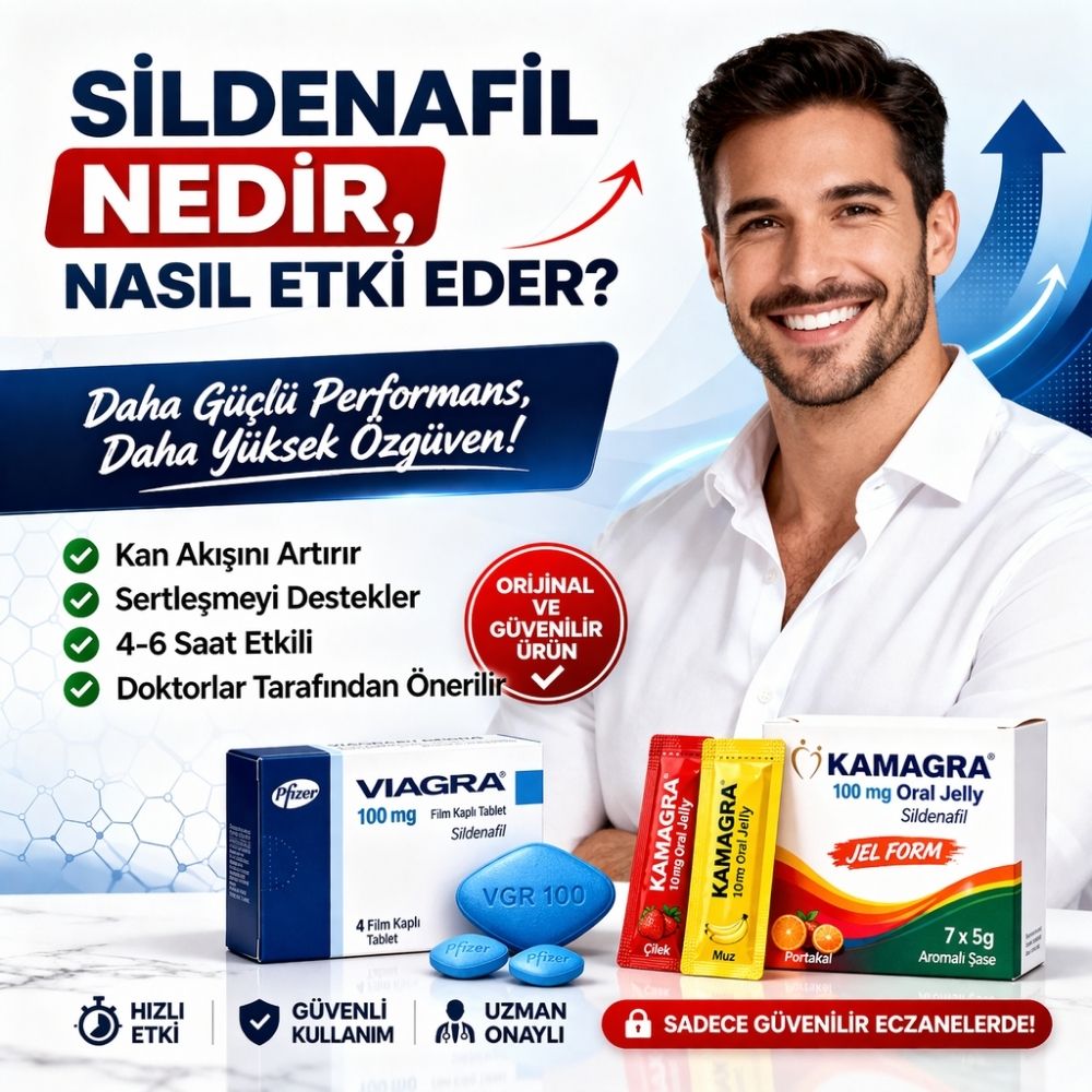 Sildenafil nedir nasıl etki eder anlatan viagra ve kamagra jel ürünleri ile erkek cinsel sağlığı performansını gösteren modern banner
