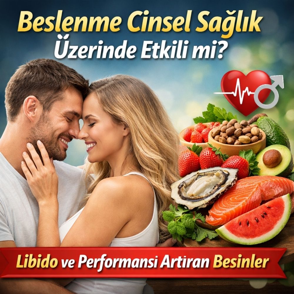 Beslenmenin cinsel sağlık üzerindeki etkisini anlatan romantik çift ve sağlıklı besinlerden oluşan banner görseli