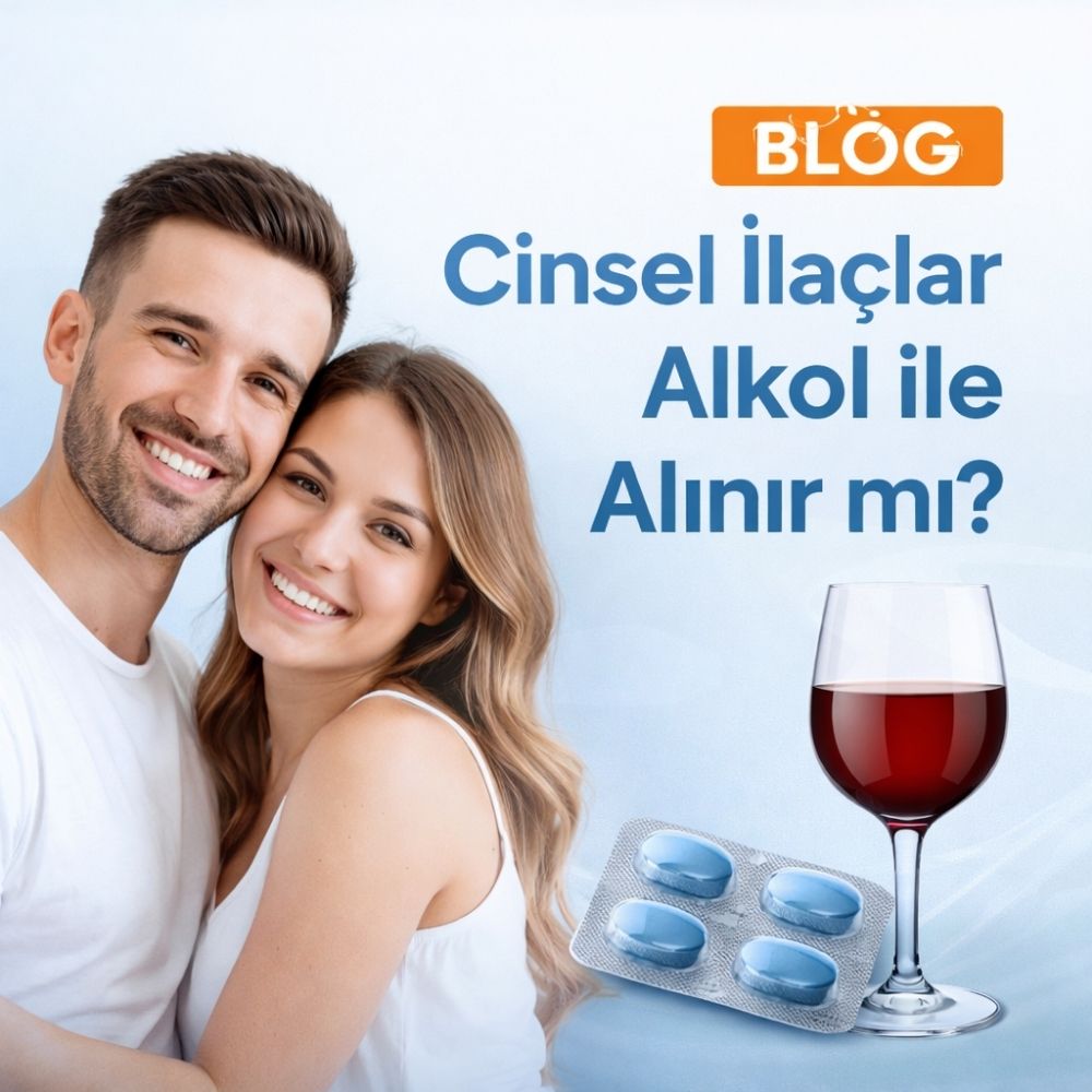 Cinsel ilaçlar alkol ile alınır mı sorusunu anlatan, mutlu bir çift, ilaç ve şarap görseli içeren banner