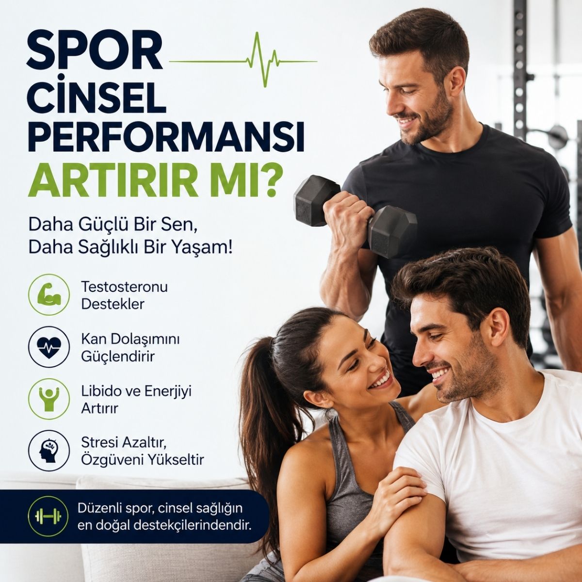 Spor yapan mutlu çift ve dambıl kaldıran erkek görseli ile sporun erkek cinsel performansı, testosteron ve libido üzerindeki etkilerini anlatan banner görseli.