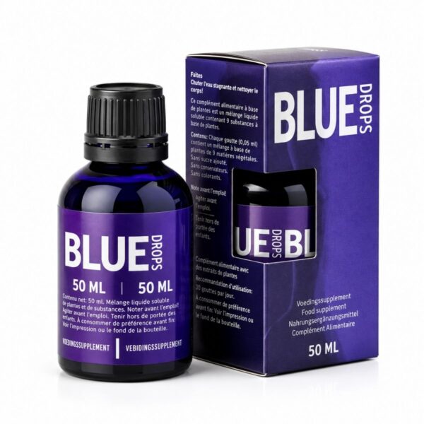 Blue Drops afrodizyak damla: 50 ml mor cam şişe ve kutusu