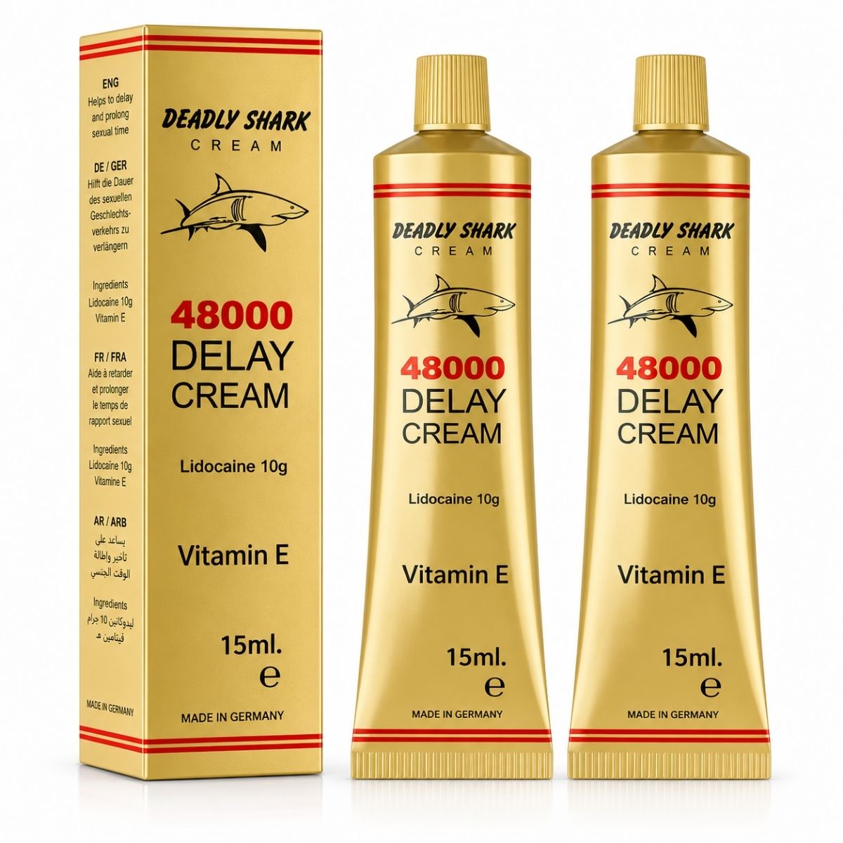 Delay 48000 Geciktirici Krem 15 ml Delay 48000 geciktirici krem: Deadly Shark 15 ml iki tüp ve altın rengi kutusu