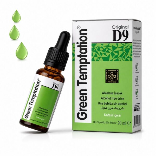 Green Temptation Original D9 azdırıcı damla, 20 ml damlalıklı şişe ve yeşil-beyaz kutusu